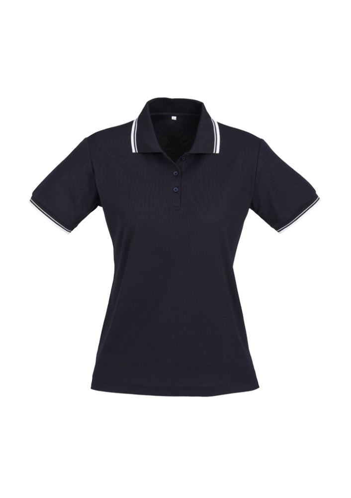 Ladies Cambridge Polo in Navy/White/White, Size 8, featuring a knitted twin stripe collar and breathable fabric for comfort.