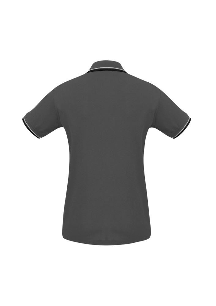 Ladies Cambridge Polo in Steel Grey, Black, and White, Size 14, featuring a stylish twin stripe collar and soft breathable fabric.
