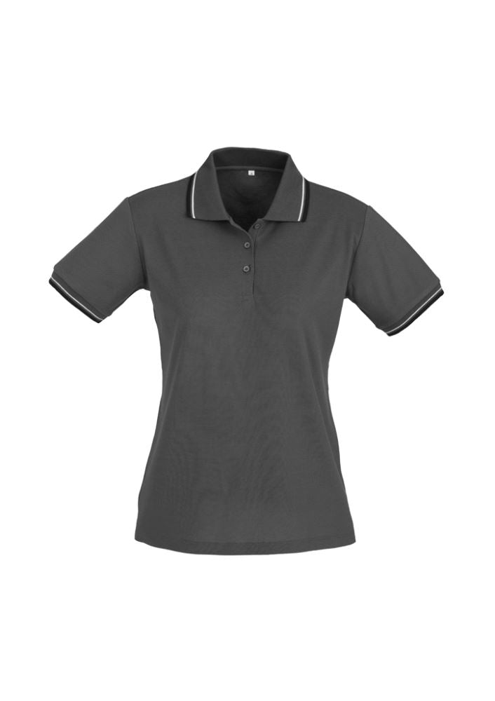 Ladies Cambridge Polo in Steel Grey, Black, and White, Size 14, featuring knitted collar and UPF protection for stylish comfort.