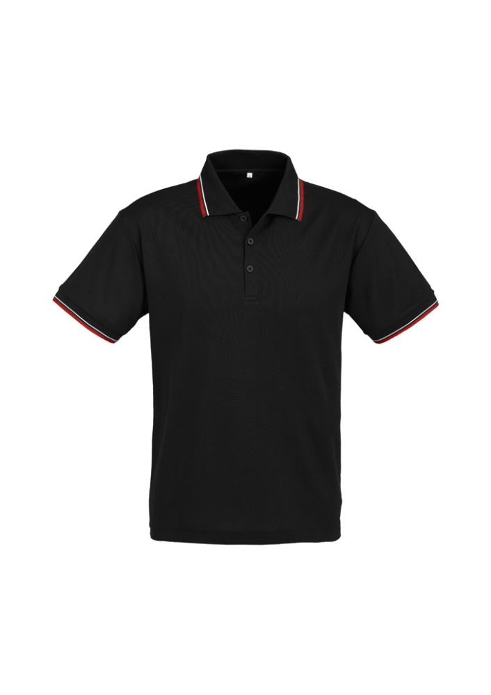 Men's Cambridge Polo in Black, Red, and White; stylish, breathable blend with UV protection, size S, featuring twin stripe collar.