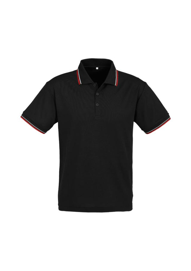 Men's Cambridge Polo in Black, Red, and White; stylish, breathable blend with UV protection, size S, featuring twin stripe collar.