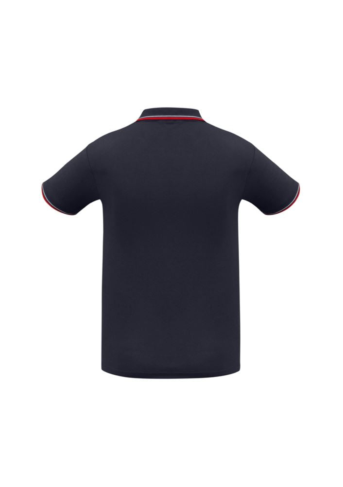 Men's Cambridge Polo in navy, red, and white, featuring a knitted collar, cuff, and loose pocket, made from breathable fabric.