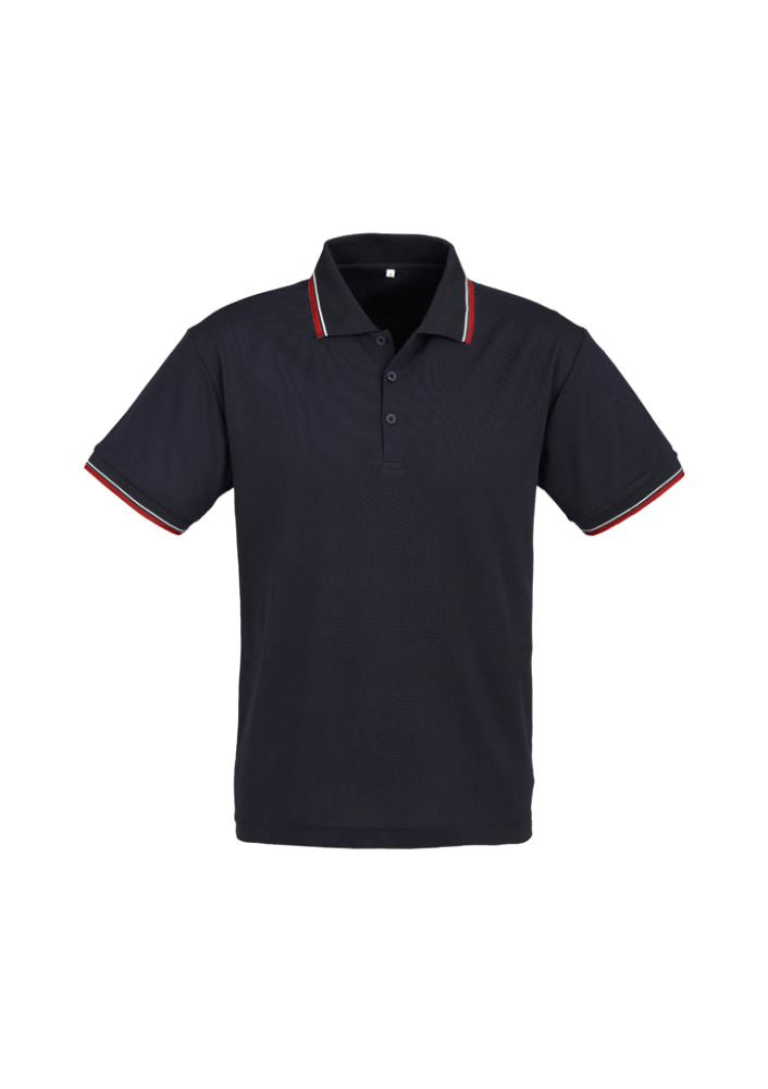 Men's Cambridge Polo in Navy, Red, and White, size S, featuring twin stripe collar, lightweight fabric, and UPF sun protection.