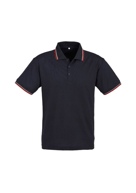 Men's Cambridge Polo in Navy, Red, and White, size S, featuring twin stripe collar, lightweight fabric, and UPF sun protection.