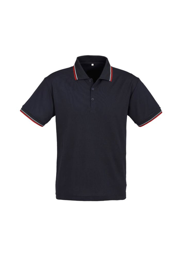 Men's Cambridge Polo in Navy, Red, and White, size S, featuring twin stripe collar, lightweight fabric, and UPF sun protection.