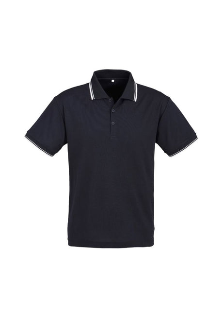 Men's Cambridge Polo in navy and white, size 5XL, featuring breathable fabric and a stylish striped collar and cuff.