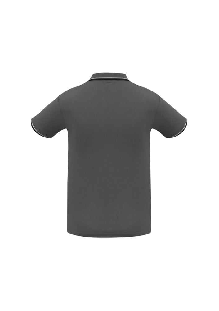 Men's Cambridge Polo in steel grey with black and white accents, featuring breathable fabric, UPF protection, and stylish collar.