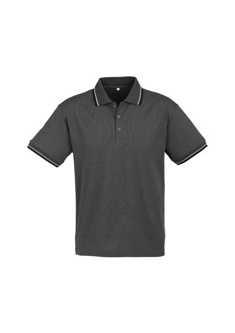 Men's Cambridge Polo in Steel Grey with black and white stripes, featuring a stylish collar, pocket, and UPF sun protection.