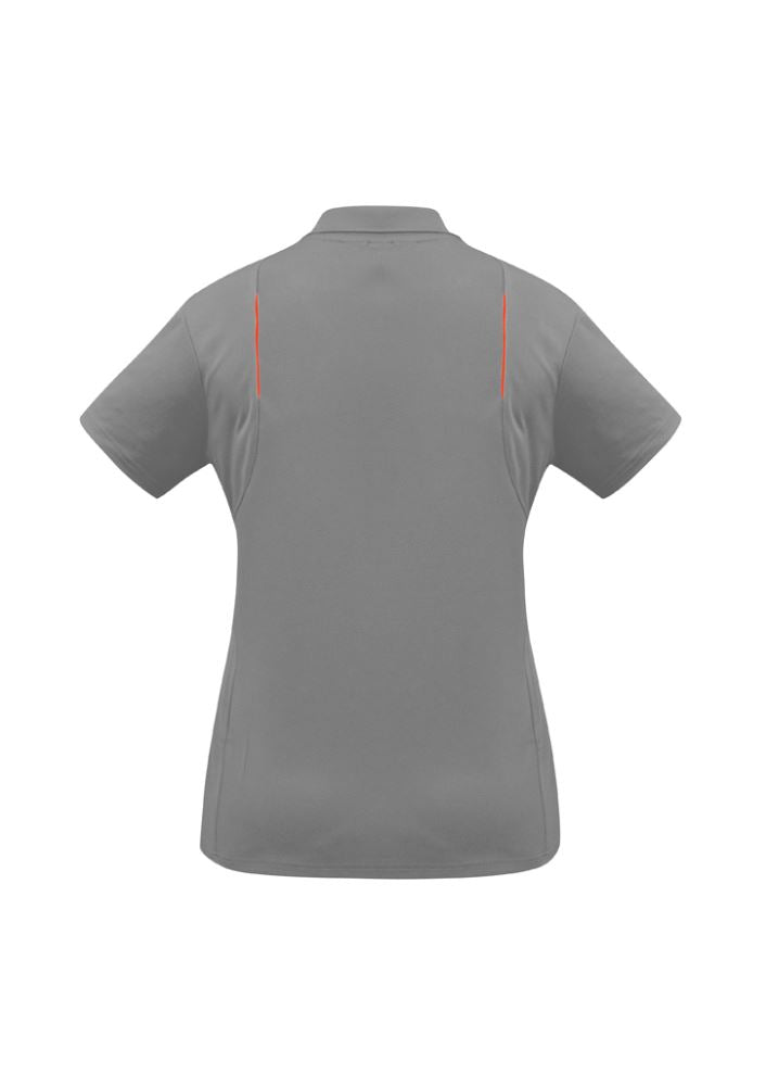 Ladies United Short Sleeve Polo in ash and fluoro orange, size 18, featuring breathable fabric and stylish design with contrast panels.