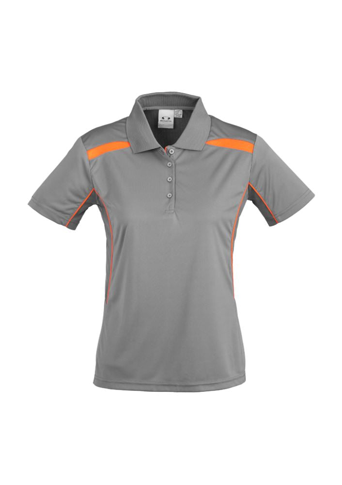 Ladies United Short Sleeve Polo in Ash/Fluoro Orange, size 20, featuring breathable fabric and stylish contrast panels.