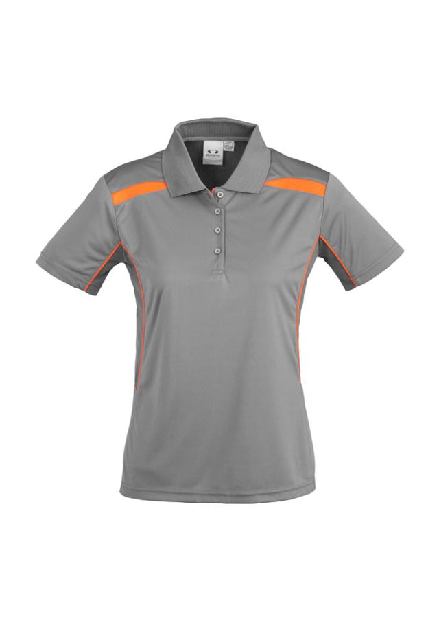 Ladies United Short Sleeve Polo in Ash/Fluoro Orange, size 20, featuring breathable fabric and stylish contrast panels.