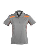 Ladies United Short Sleeve Polo in Ash/Fluoro Orange, Size 8, featuring breathable fabric and stylish contrast panels for comfort.