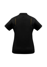 Ladies United Short Sleeve Polo in Black and Gold, Size 8, showcasing breathable fabric and sophisticated design features.