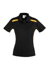 Ladies United Short Sleeve Polo in Black/Gold, Size 18, featuring breathable fabric and stylish contrast panels.