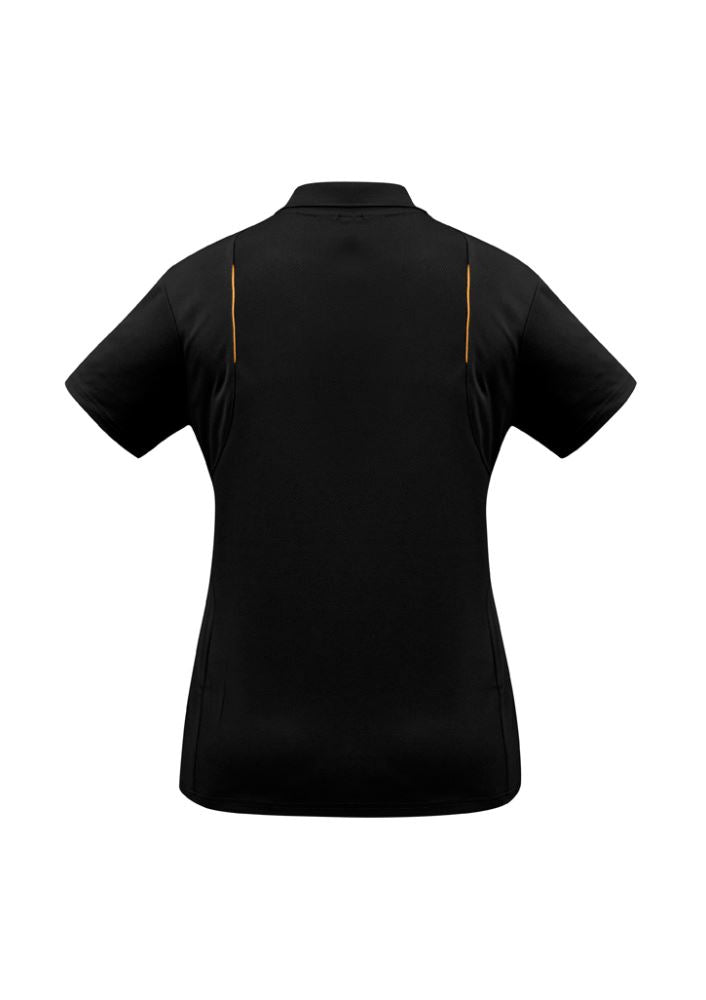 Ladies United Short Sleeve Polo in Black/Orange, size 16, featuring contrast panels and breathable fabric for comfort and style.