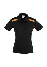 Ladies United Short Sleeve Polo in black and orange, size 10, featuring breathable fabric, stylish contrast panels, and a knitted collar.