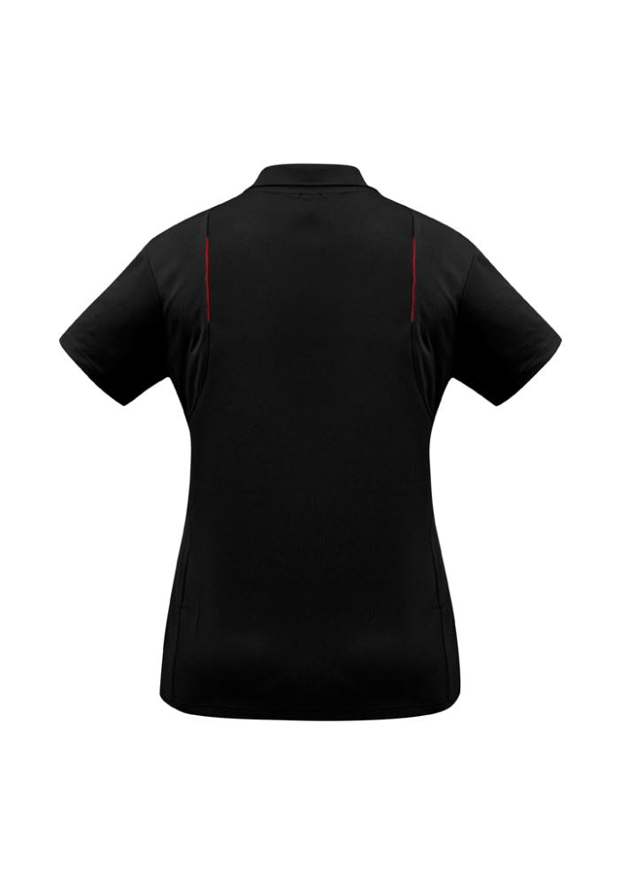 Ladies United Short Sleeve Polo in Black/Red, size 24, featuring breathable fabric, UPF protection, and stylish details.