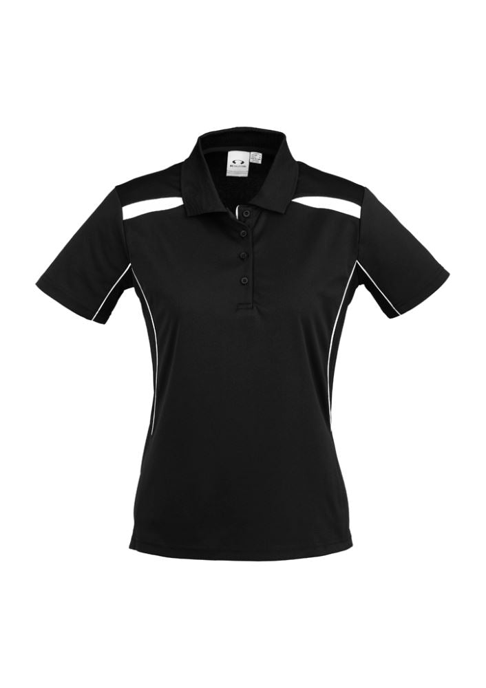 Ladies United Short Sleeve Polo in black/white, size 22, featuring breathable fabric, stylish design, and excellent UPF protection.