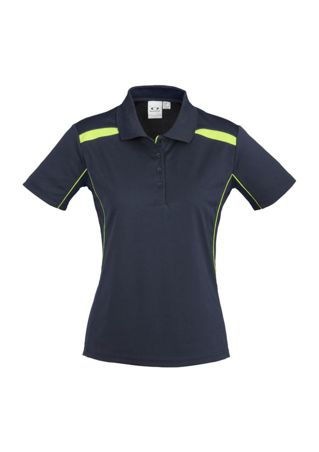 Ladies United Short Sleeve Polo in Navy and Lime, size 12, featuring breathable fabric, mesh panels, and stylish design.