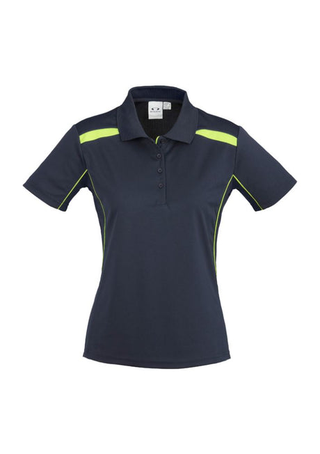 Ladies navy and lime short sleeve polo shirt, size 14, featuring breathable fabric, stylish design, and excellent UPF protection.
