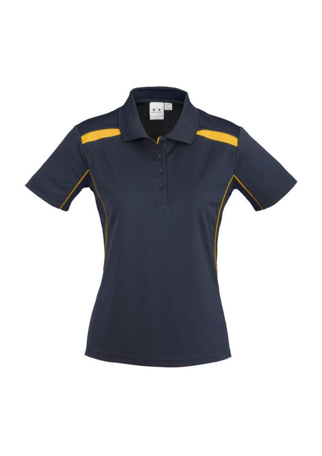 Ladies United Short Sleeve Polo in Navy/Gold, Size 20, featuring breathable fabric, UPF protection, and stylish design.
