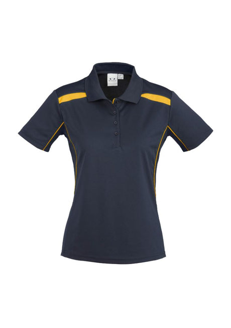 Ladies United Short Sleeve Polo in Navy/Gold, size 22, featuring breathable fabric, stylish design, and UPF sun protection.