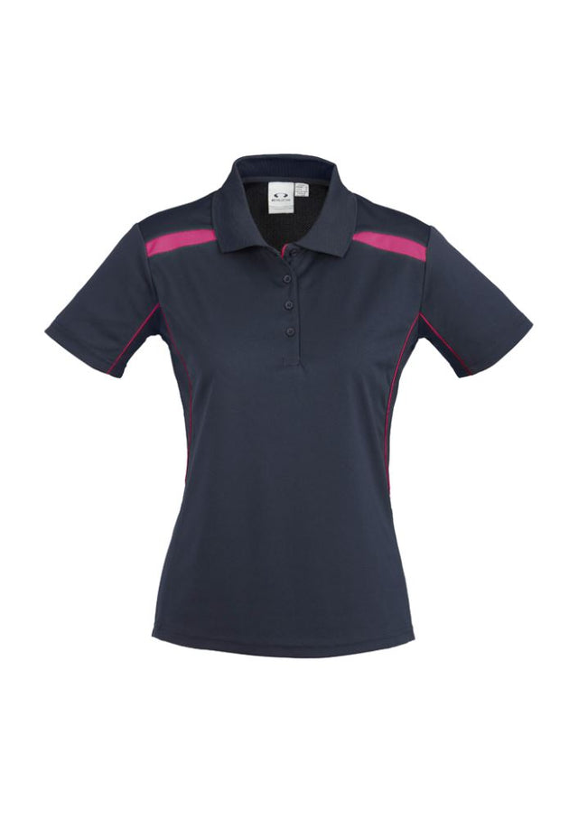Ladies United Short Sleeve Polo in Navy/Magenta, size 18, with breathable fabric and stylish design for comfort and sun protection.