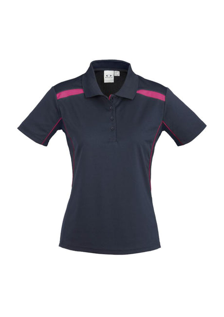 Ladies United Short Sleeve Polo in Navy/Magenta, size 14, features breathable fabric and stylish design for comfort and versatility.