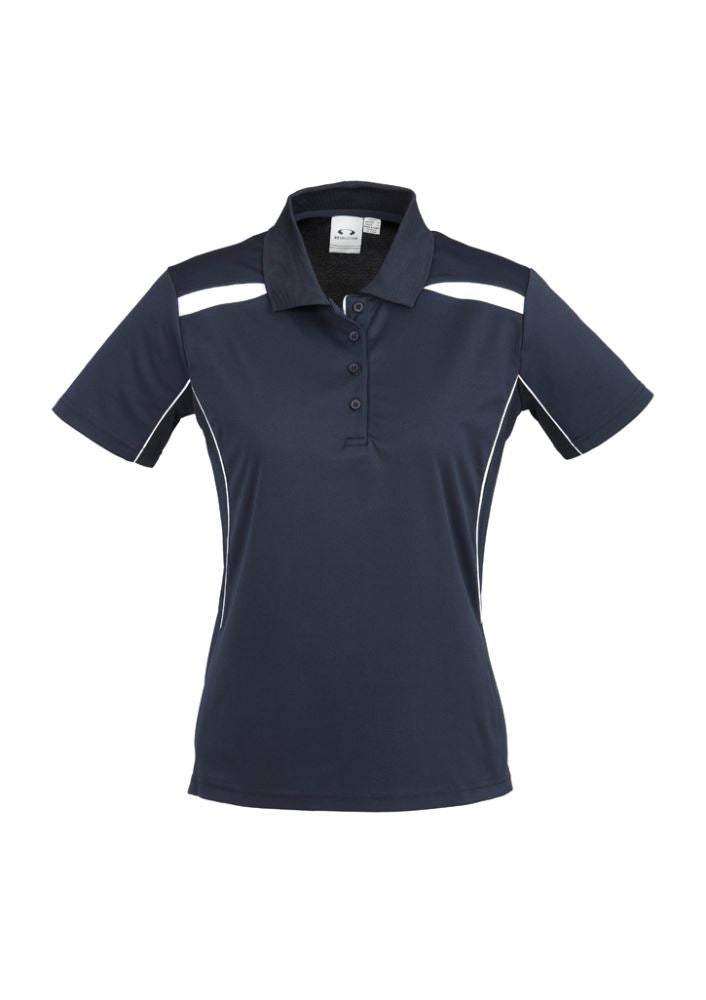 Ladies United Short Sleeve Polo in navy/white, size 10, featuring breathable fabric, stylish design, and mesh inserts for comfort.