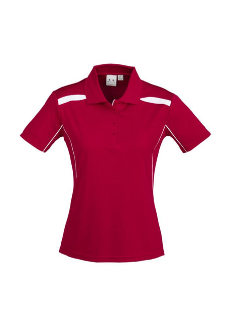 Ladies United Short Sleeve Polo in red and white, size 14, featuring breathable fabric and stylish design for comfort and flexibility.