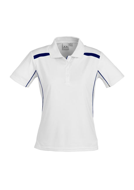 Ladies United Short Sleeve Polo in White/Navy, size 24, featuring breathable fabric, stylish design, and excellent ventilation.
