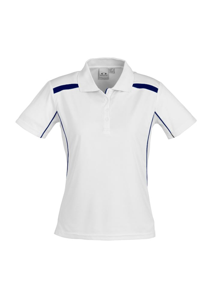 Ladies United Short Sleeve Polo in white and navy, Size 8, features breathable fabric, stylish details, and UV protection.