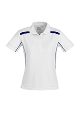 Ladies United Short Sleeve Polo in white and navy, Size 8, features breathable fabric, stylish details, and UV protection.