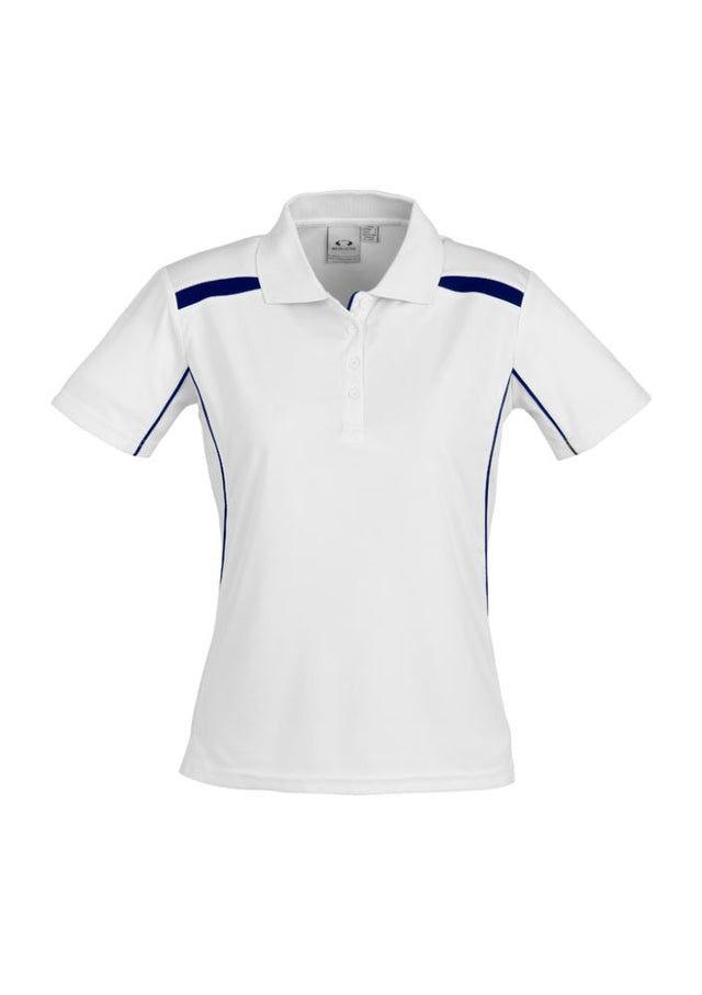 Ladies United Short Sleeve Polo in white and navy, Size 8, features breathable fabric, stylish details, and UV protection.