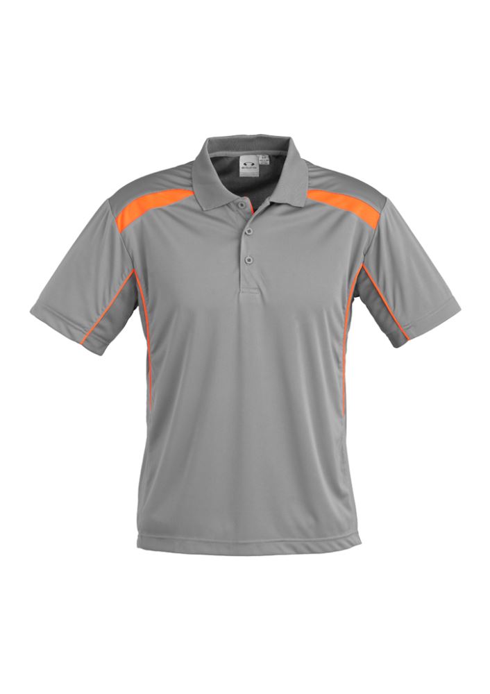 Men's short sleeve polo in ash/fluoro orange, featuring breathable fabric, UPF protection, and stylish contrast panels, size 5XL.