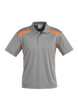 Men's short sleeve polo in ash/fluoro orange, featuring breathable fabric, UPF protection, and stylish contrast panels, size 5XL.