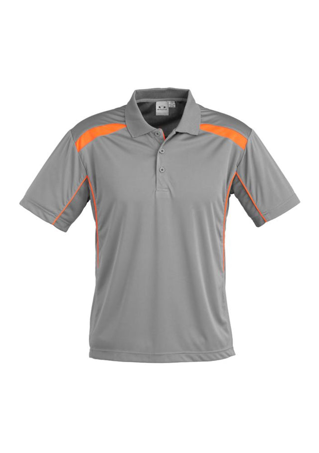 Men's short sleeve polo in ash/fluoro orange, featuring breathable fabric, UPF protection, and stylish contrast panels, size 5XL.