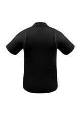 Men's black and ash short sleeve polo, lightweight polyester, breathable, stretchy fit, stylish contrast panels, size M.