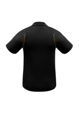 Men's Black/Gold Short Sleeve Polo in 5XL, featuring breathable polyester, stretch fabric, mesh panels, and stylish contrast details.