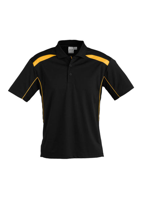 Mens United Short Sleeve Polo in Black/Gold, 2XL, featuring breathable fabric, modern design, and UPF sun protection.