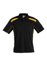 Mens United Short Sleeve Polo in Black/Gold, size 5XL, features breathable fabric, stretch fit, and stylish detailing.