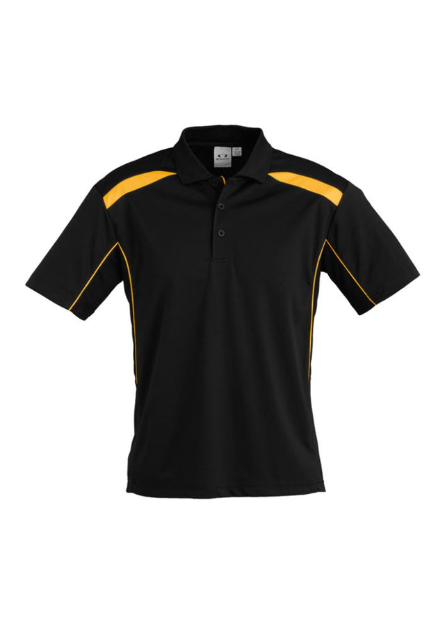 Mens United Short Sleeve Polo in Black/Gold, size 5XL, features breathable fabric, stretch fit, and stylish detailing.