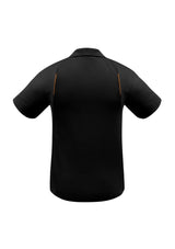 Men's black and orange short sleeve polo with UPF protection and breathable mesh panels, size L by Biz Collection.
