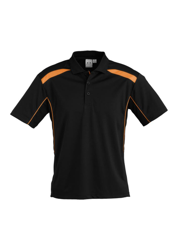 Men's Black/Orange Short Sleeve Polo in 2XL, featuring breathable fabric, UPF protection, and stylish contrast panels.