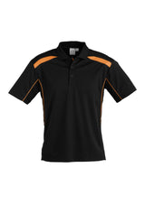 Men's Black/Orange Short Sleeve Polo in 2XL, featuring breathable fabric, UPF protection, and stylish contrast panels.
