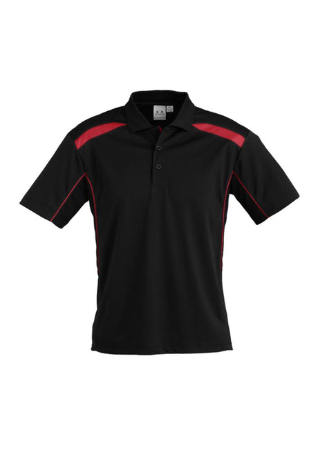 Men’s United Short Sleeve Polo in Black/Red, size 3XL, featuring breathable polyester, mesh panels, and a stylish design.