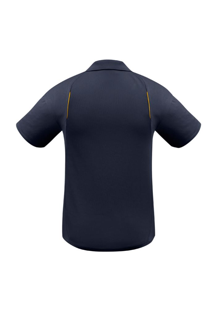 Men's United Short Sleeve Polo in Navy/Gold, Size 5XL, featuring breathable fabric, mesh panels, and stylish design elements.