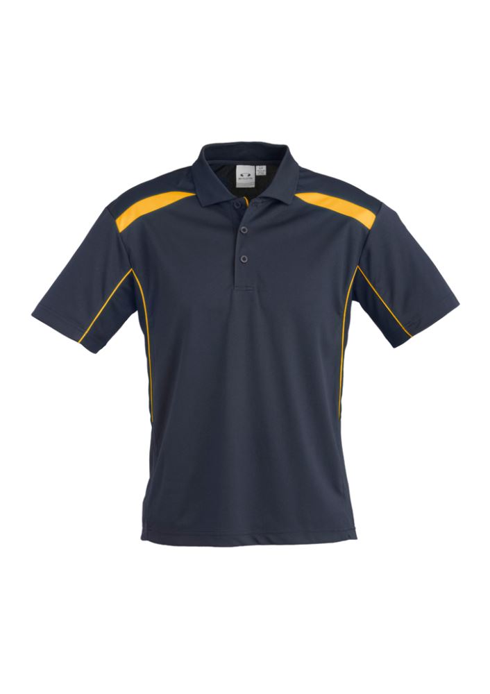 Men's Navy/Gold Short Sleeve Polo, Size 5XL, featuring lightweight breathable fabric, UPF protection, and stylish design elements.