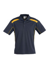 Men's Navy/Gold Short Sleeve Polo, Size 5XL, featuring lightweight breathable fabric, UPF protection, and stylish design elements.