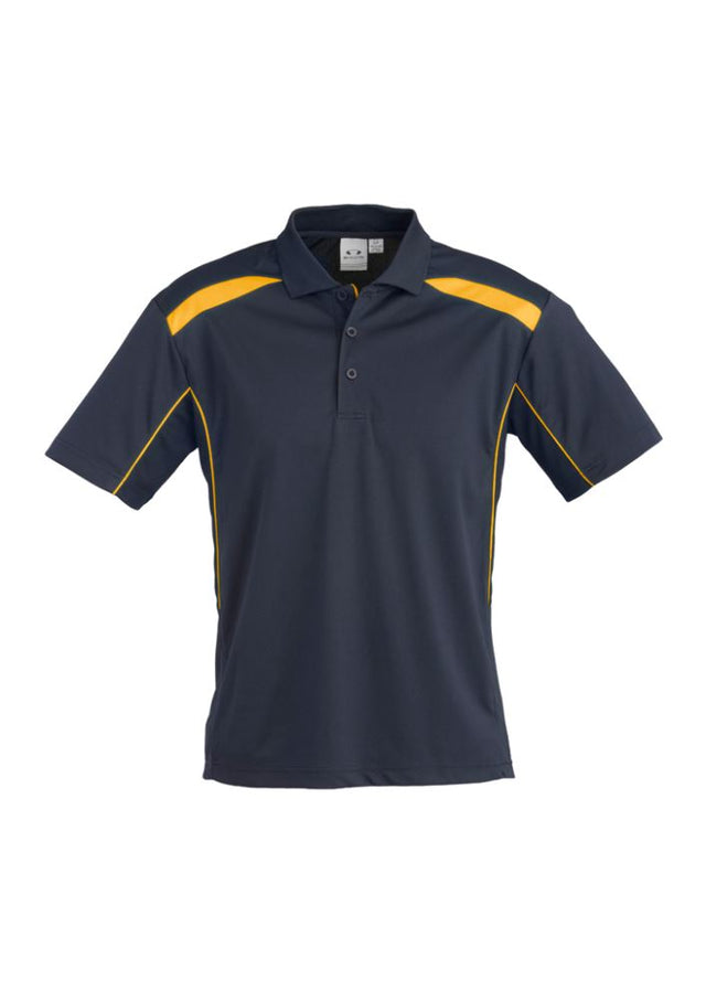 Men's Navy/Gold Short Sleeve Polo, Size 5XL, featuring lightweight breathable fabric, UPF protection, and stylish design elements.